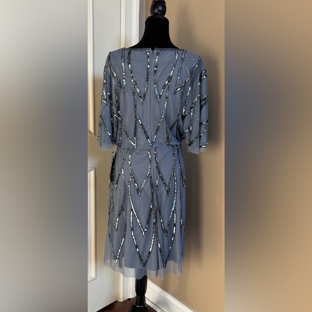 Embellish Bead Mesh Wrap Dress Adrianna Papell Dusty Blue Women’s Size 10 NWT - Picture 6 of 16